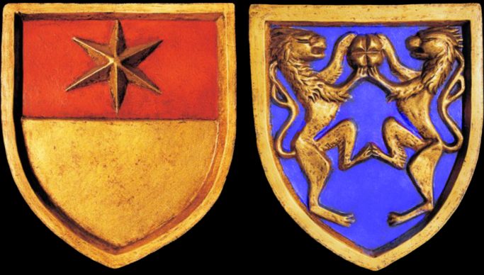 Izvorni crveno-bijeli grb sa zvijezdom knezova Krčkih (lijevo, do 1430. godine) i novi grb (nakon 1430.) koji prikazuje dva okrenuta lava koja lome kruh (©frankopani.net).